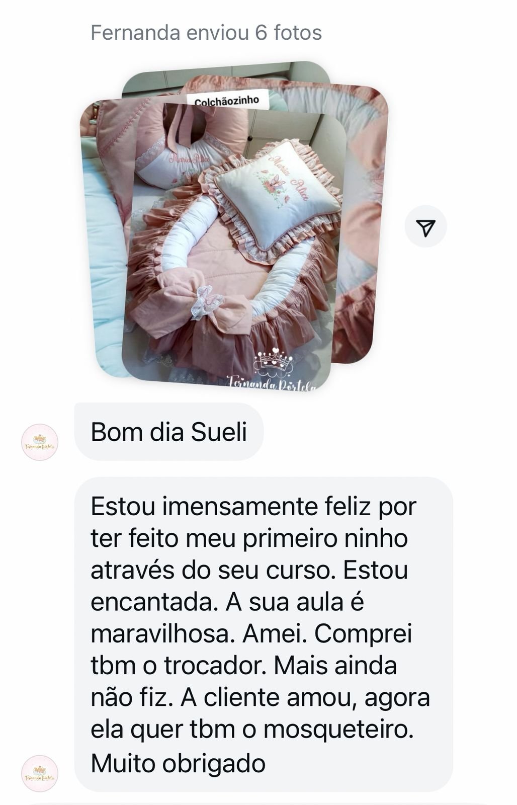 Mensagem de Fernanda mostrando o primeiro ninho feito após o curso