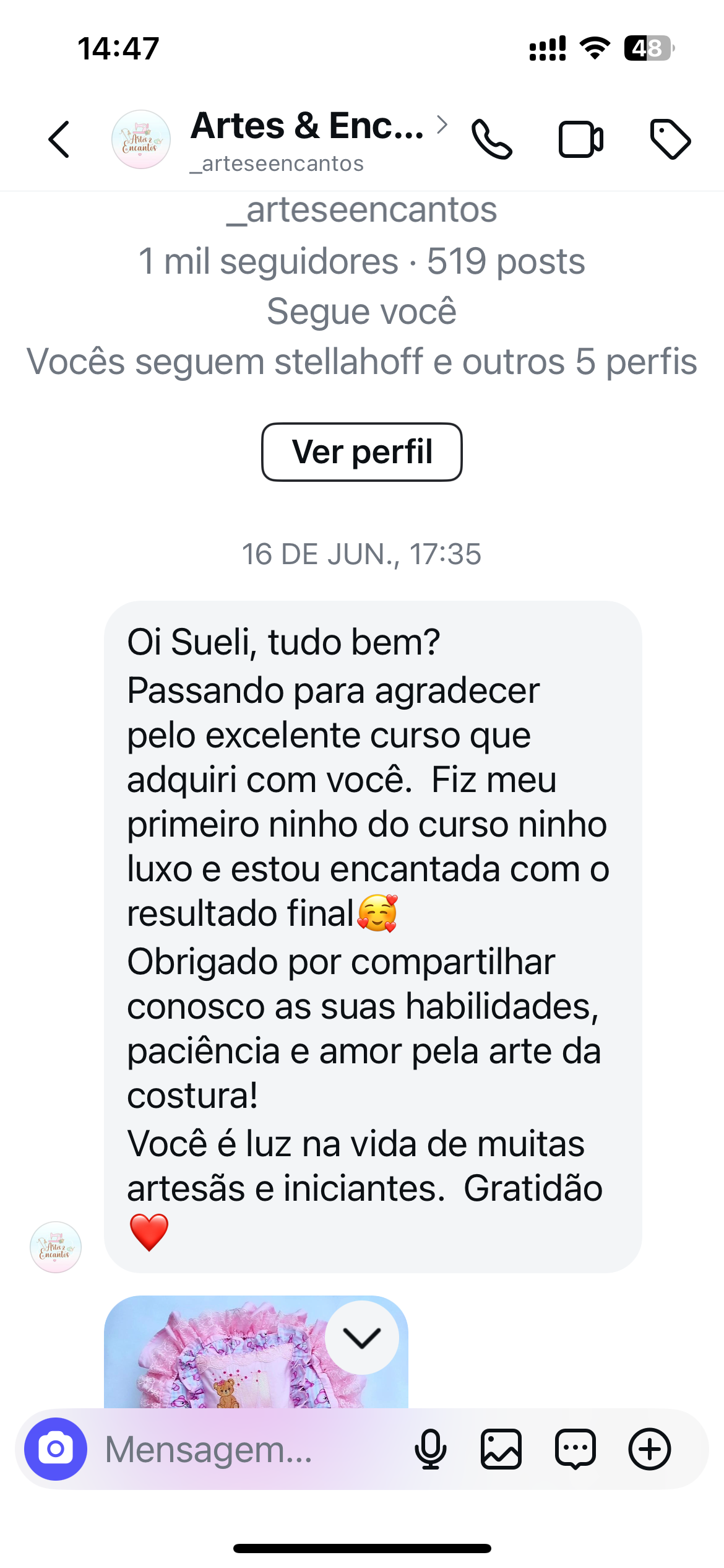 Depoimento de aluna agradecendo pelo curso Ninho Luxo